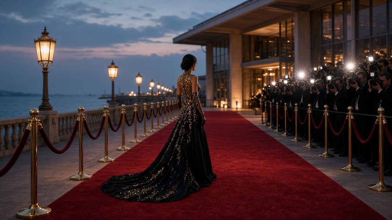 Guest in a sequined gown on a seafront festival red carpet at dusk